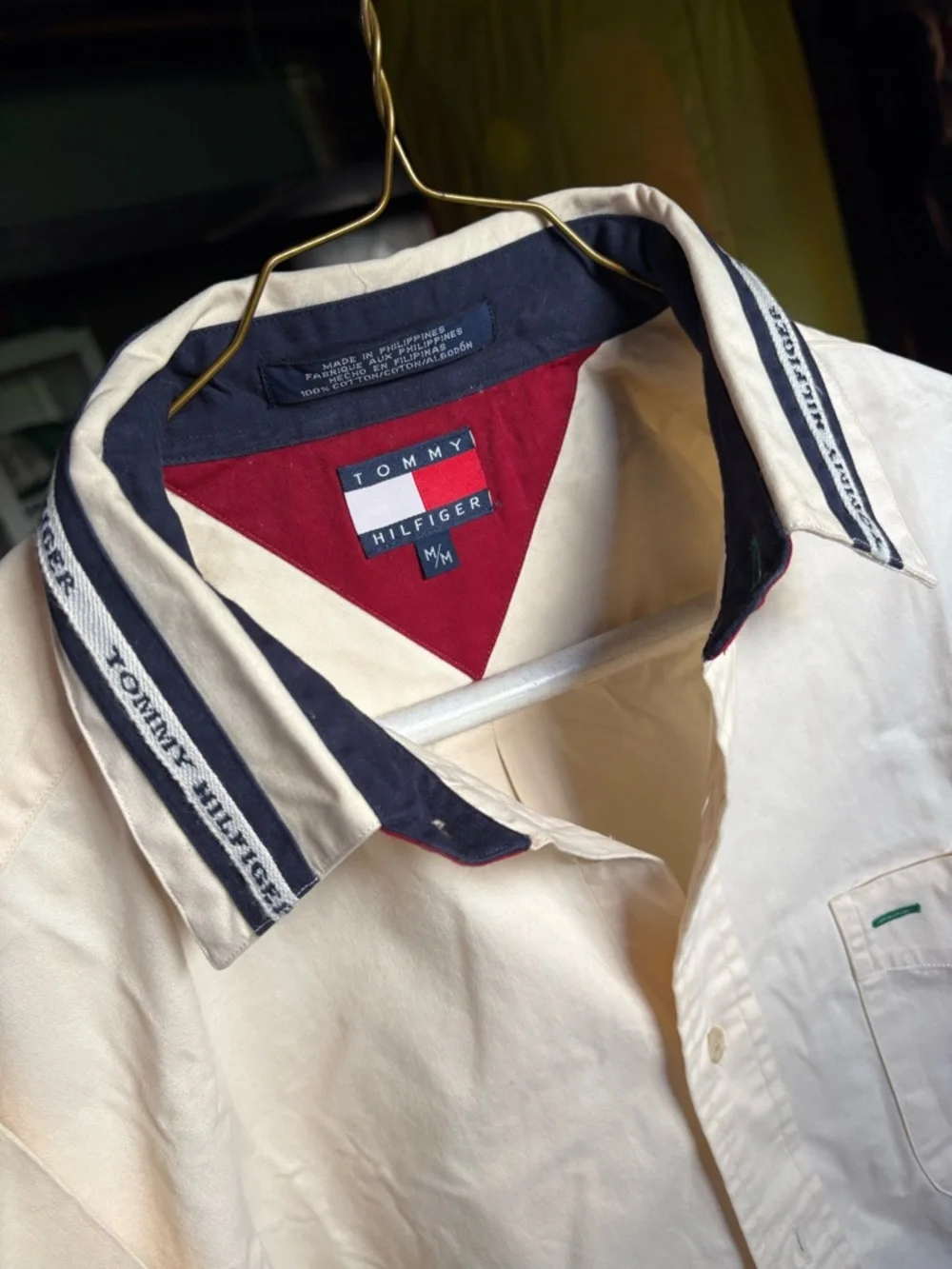 Vintage Tommy Hilfiger Cream Long-Sleeve Button-Up Shirt Blue Red Stripes M new - Picture 4 of 4